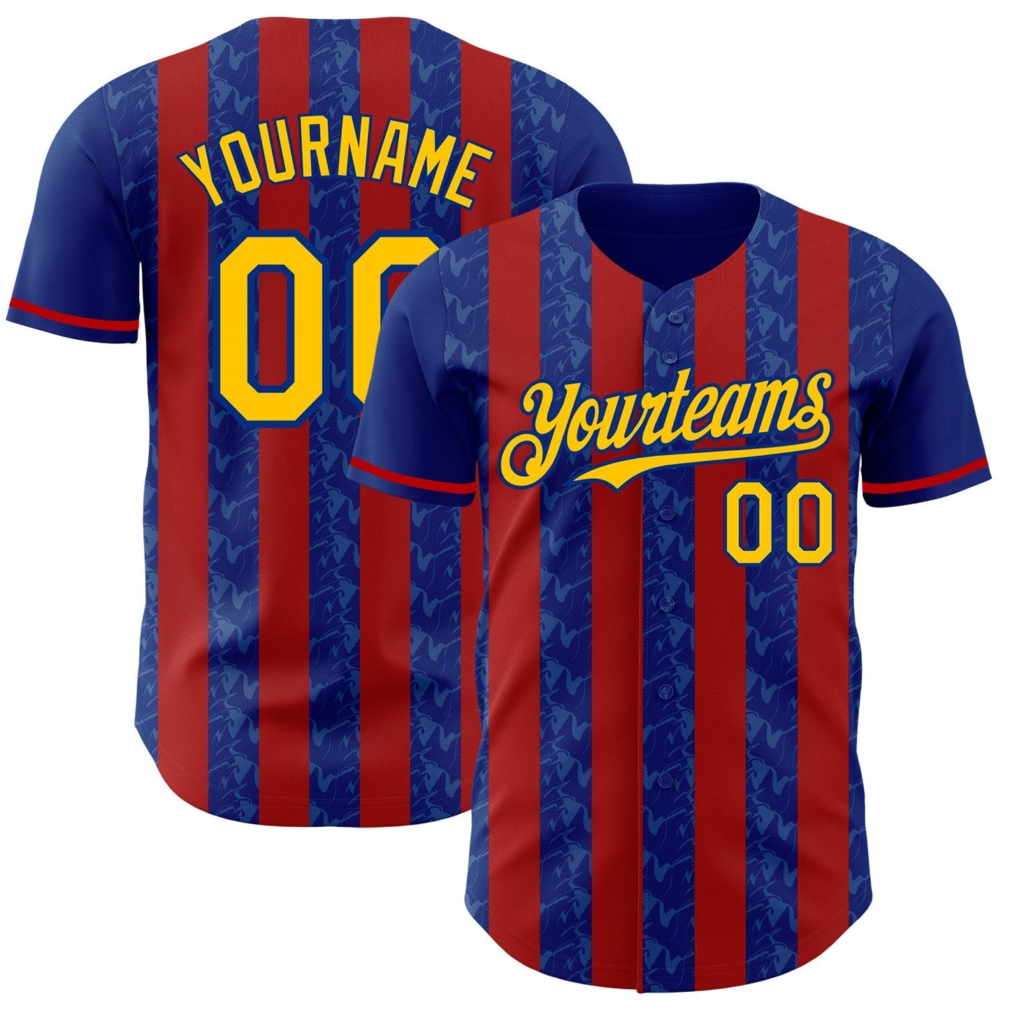 Custom Royal Yellow-Red Classic Vertical Stripe Fluid Liquid Texture Authentic Baseball Jersey baseball jersey product view 1