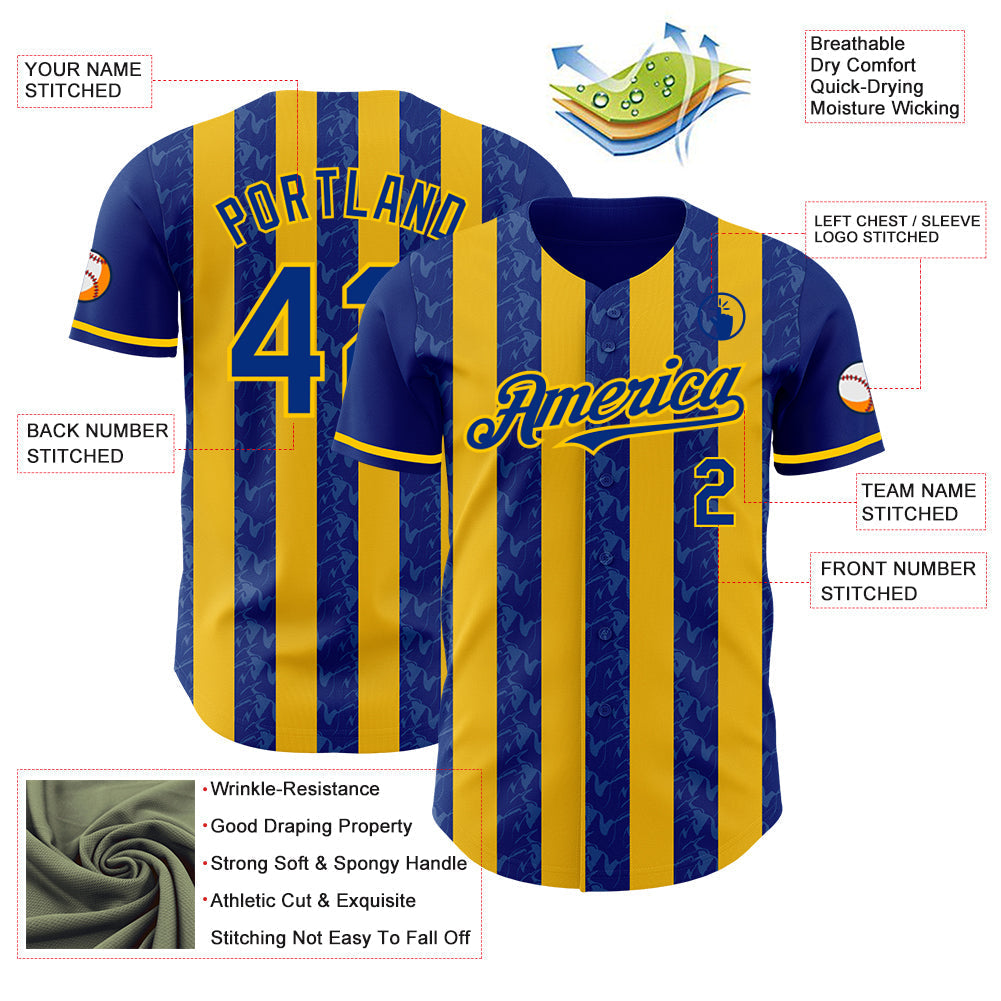 Custom Royal-Yellow Classic Vertical Stripe Fluid Liquid Texture Authentic Baseball Jersey baseball jersey product view 3