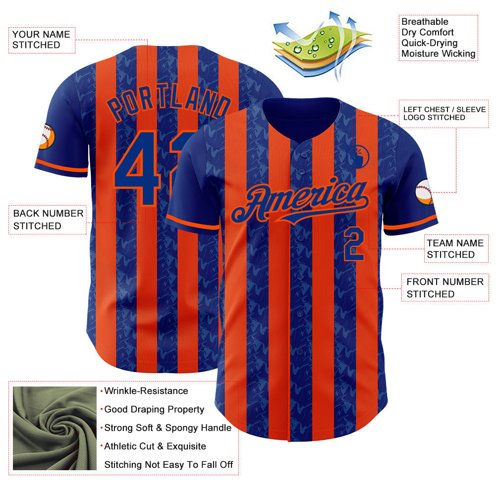 Custom Royal-Orange Classic Vertical Stripe Fluid Liquid Texture Authentic Baseball Jersey baseball jersey product view 3