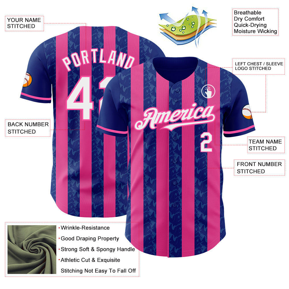 Custom Royal White-Pink Classic Vertical Stripe Fluid Liquid Texture Authentic Baseball Jersey baseball jersey product view 3