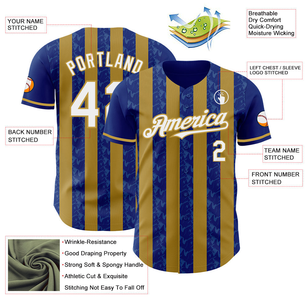 Custom Royal White-Old Gold Classic Vertical Stripe Fluid Liquid Texture Authentic Baseball Jersey baseball jersey product view 3