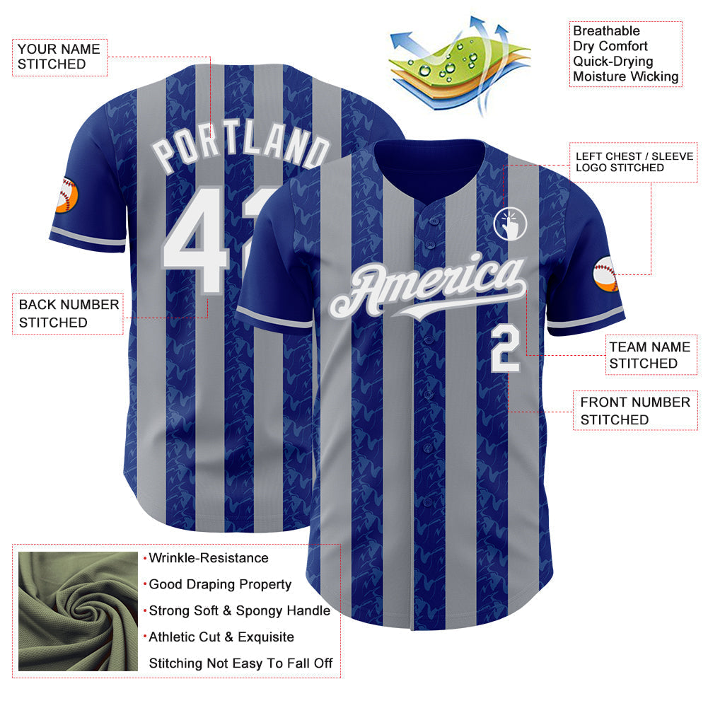 Custom Royal White-Gray Classic Vertical Stripe Fluid Liquid Texture Authentic Baseball Jersey baseball jersey product view 3