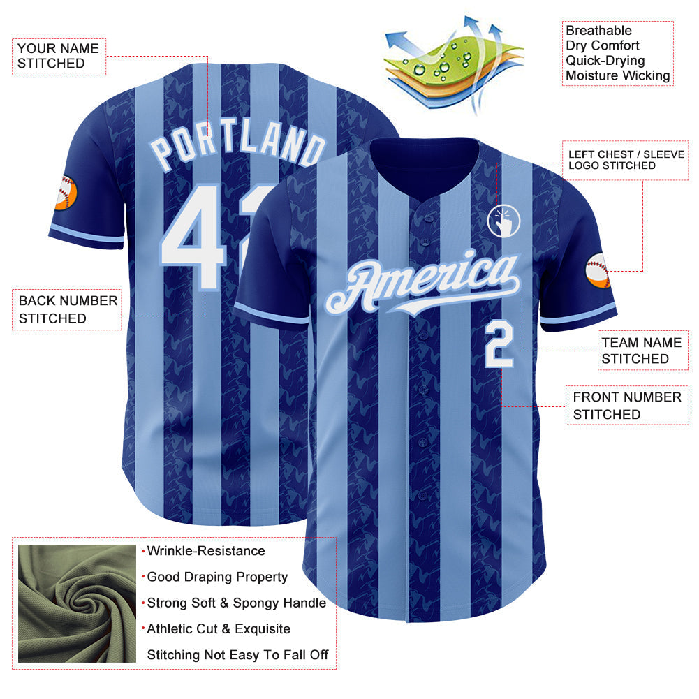 Custom Royal White-Light Blue Classic Vertical Stripe Fluid Liquid Texture Authentic Baseball Jersey baseball jersey product view 3