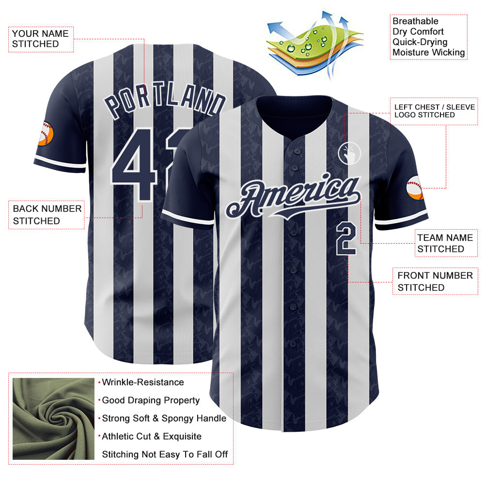 Custom Navy-White Classic Vertical Stripe Fluid Liquid Texture Authentic Baseball Jersey baseball jersey product view 3