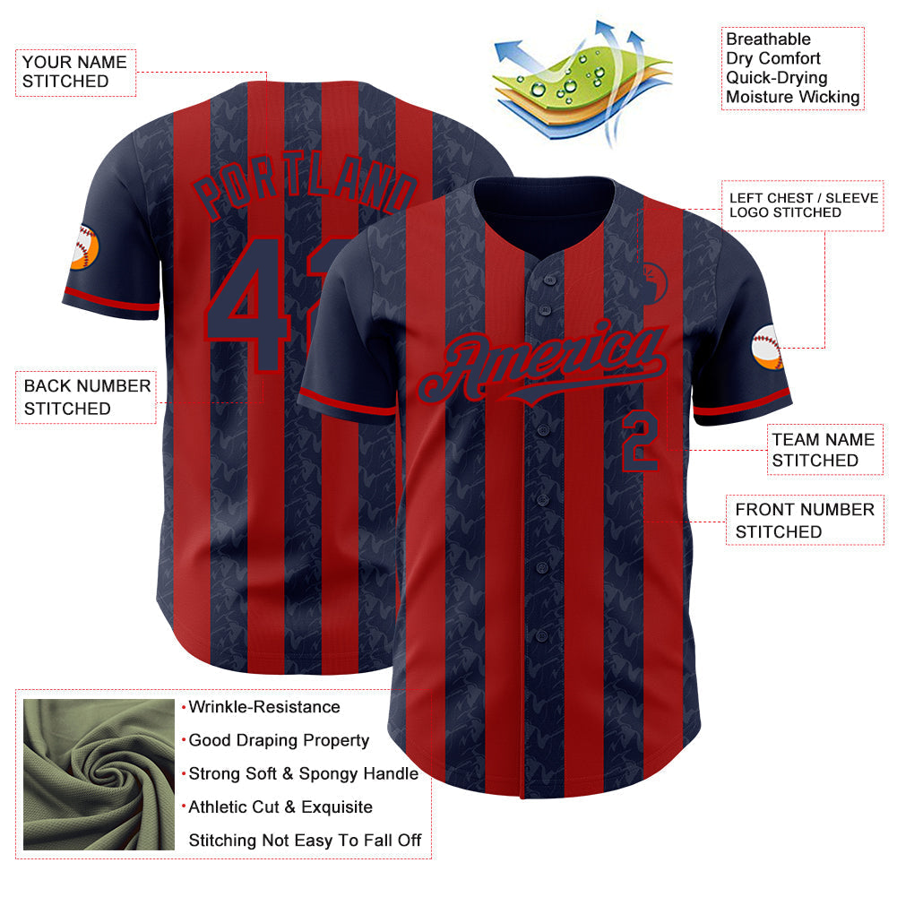 Custom Navy-Red Classic Vertical Stripe Fluid Liquid Texture Authentic Baseball Jersey baseball jersey product view 3