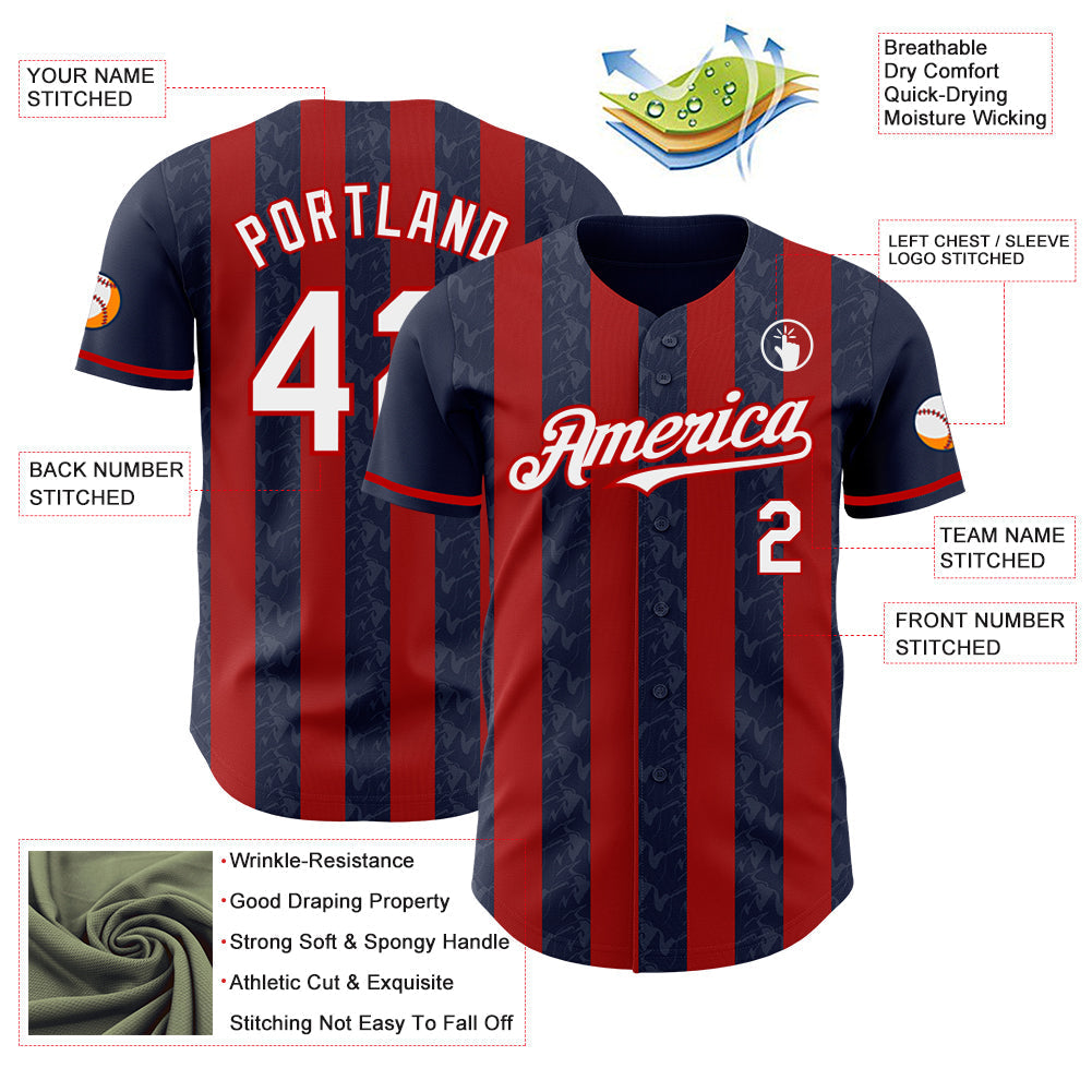 Custom Navy White-Red Classic Vertical Stripe Fluid Liquid Texture Authentic Baseball Jersey baseball jersey product view 3
