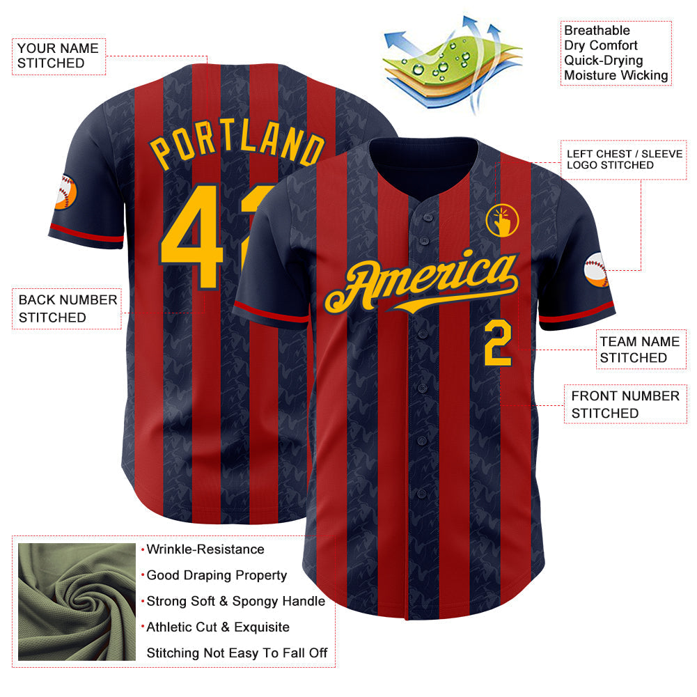 Custom Navy Gold-Red Classic Vertical Stripe Fluid Liquid Texture Authentic Baseball Jersey baseball jersey product view 3