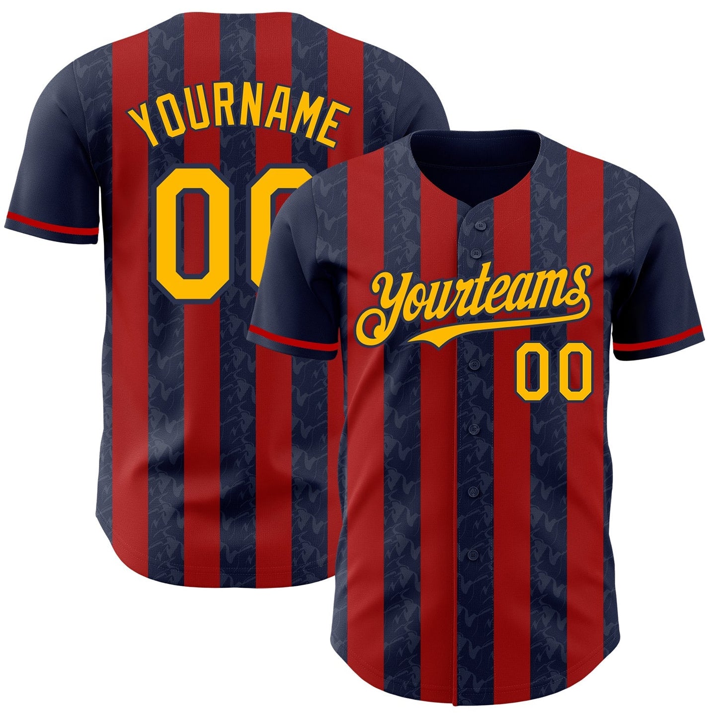 Custom Navy Gold-Red Classic Vertical Stripe Fluid Liquid Texture Authentic Baseball Jersey baseball jersey product view 1