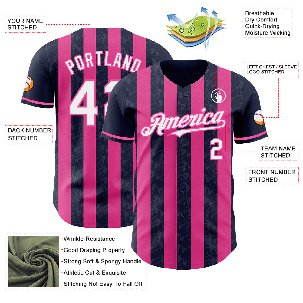 Custom Navy White-Pink Classic Vertical Stripe Fluid Liquid Texture Authentic Baseball Jersey baseball jersey product view 3