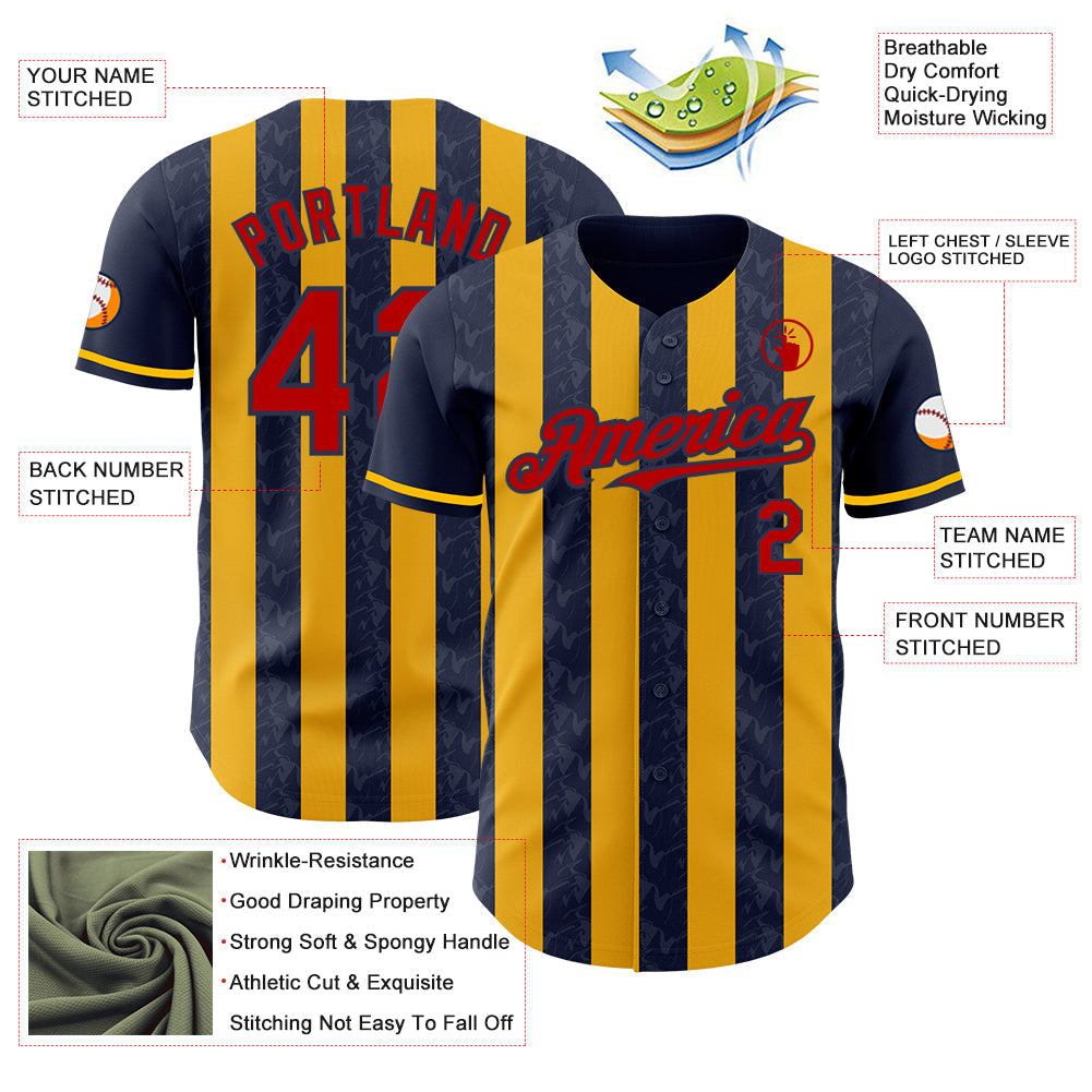 Custom Navy Red-Gold Classic Vertical Stripe Fluid Liquid Texture Authentic Baseball Jersey baseball jersey product view 3