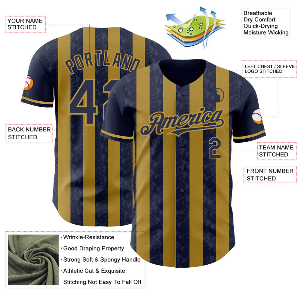 Custom Navy-Old Gold Classic Vertical Stripe Fluid Liquid Texture Authentic Baseball Jersey baseball jersey product view 3