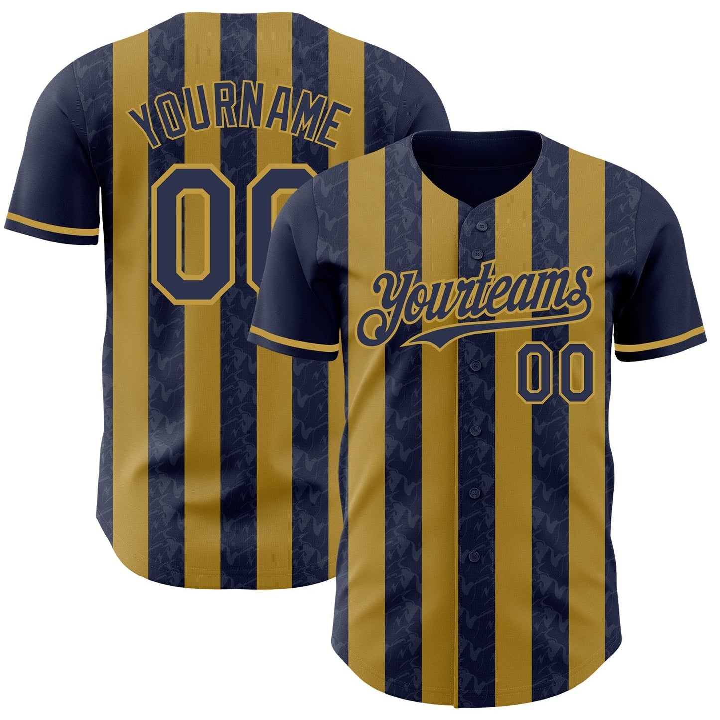 Custom Navy-Old Gold Classic Vertical Stripe Fluid Liquid Texture Authentic Baseball Jersey baseball jersey product view 1