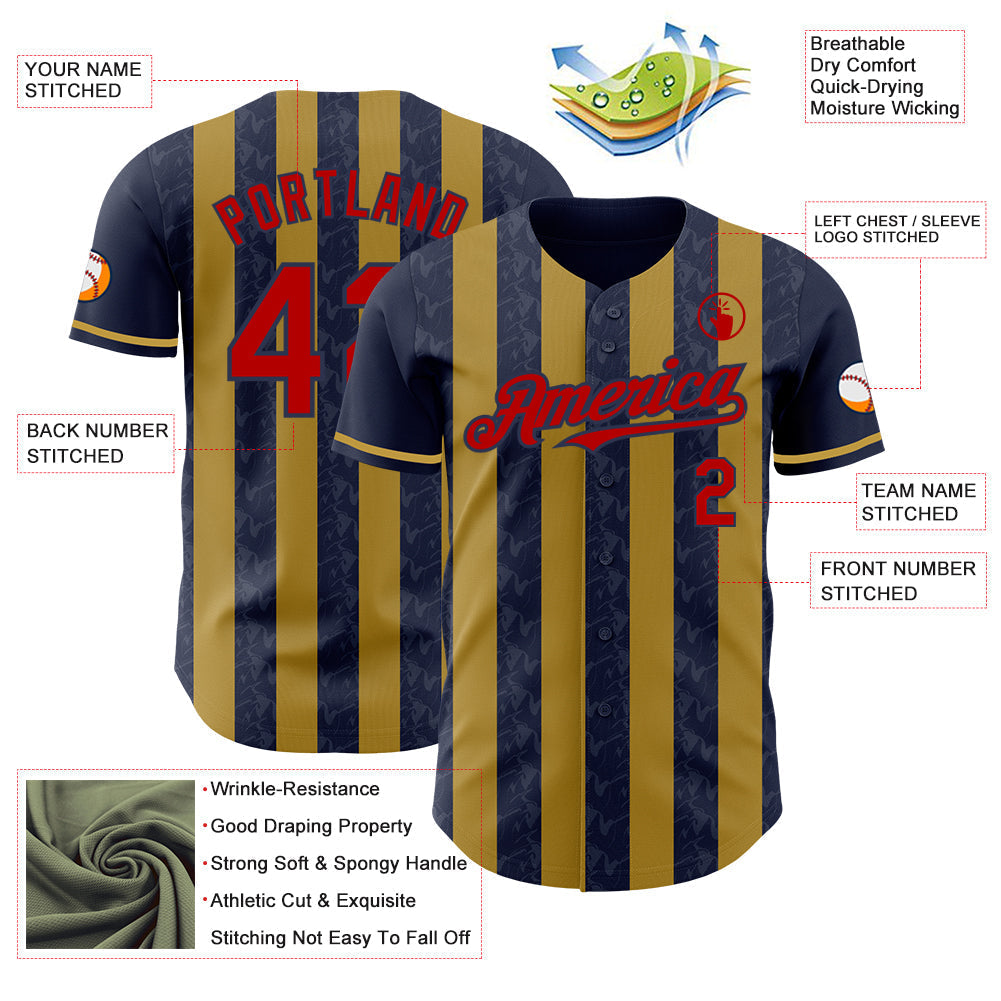 Custom Navy Red-Old Gold Classic Vertical Stripe Fluid Liquid Texture Authentic Baseball Jersey baseball jersey product view 3