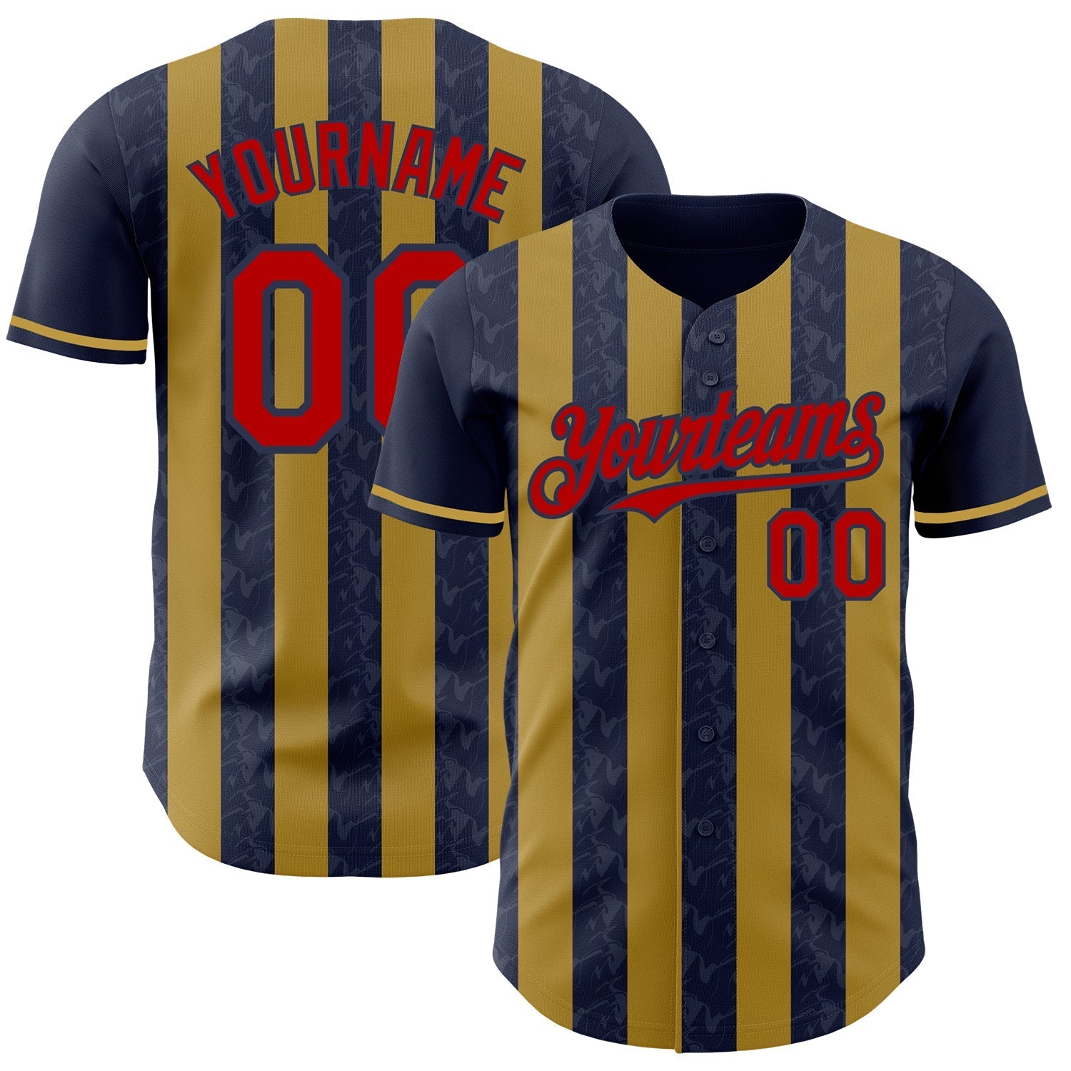 Custom Navy Red-Old Gold Classic Vertical Stripe Fluid Liquid Texture Authentic Baseball Jersey baseball jersey product view 1