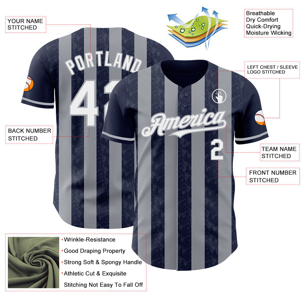 Custom Navy White-Gray Classic Vertical Stripe Fluid Liquid Texture Authentic Baseball Jersey baseball jersey product view 3