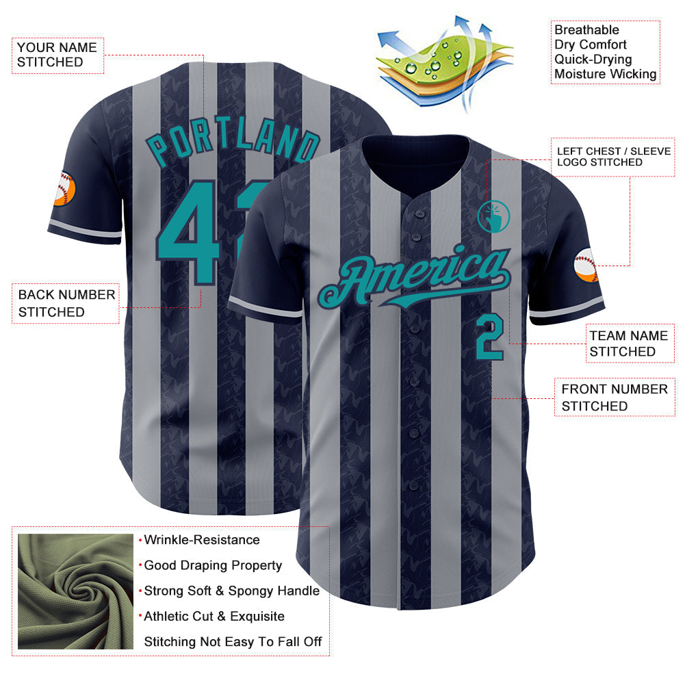 Custom Navy Teal-Gray Classic Vertical Stripe Fluid Liquid Texture Authentic Baseball Jersey baseball jersey product view 3