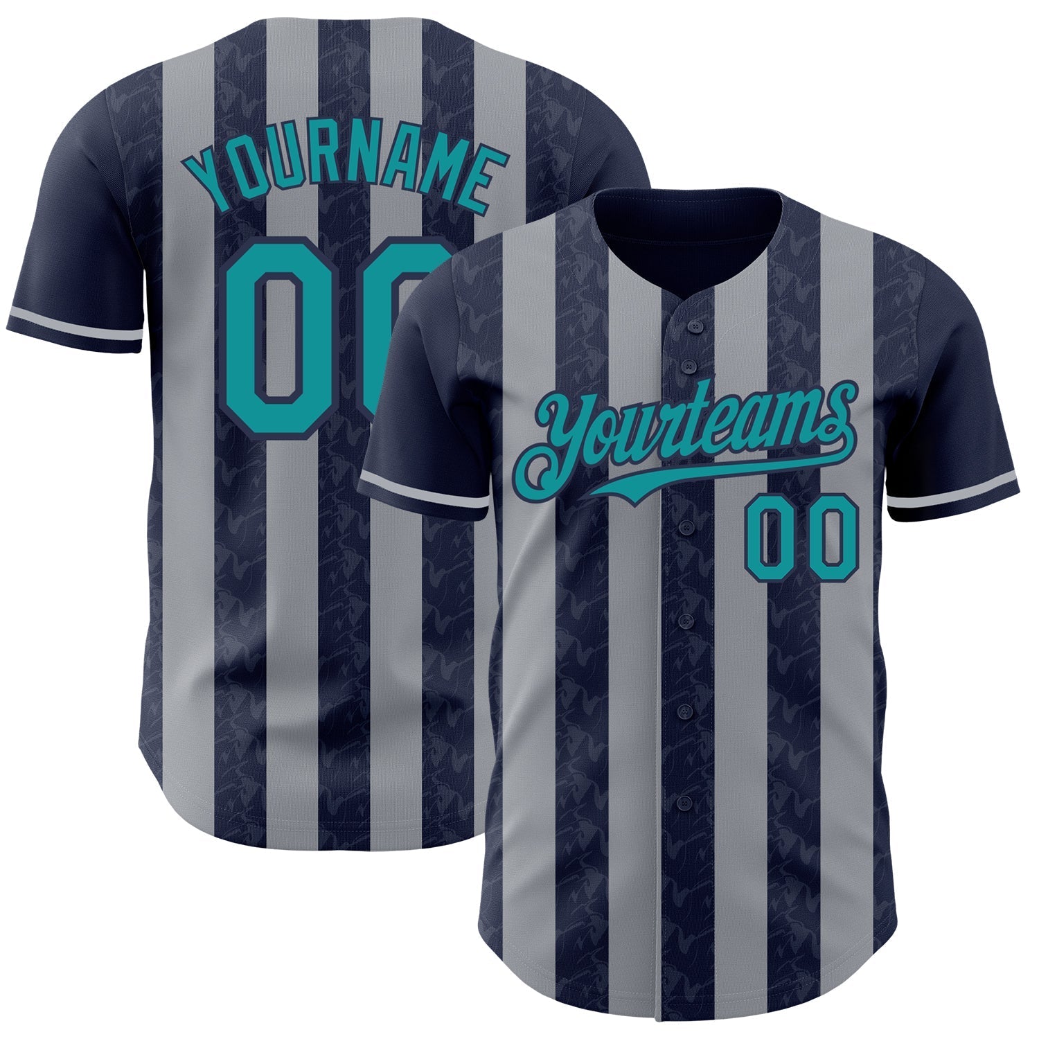 Custom Navy Teal-Gray Classic Vertical Stripe Fluid Liquid Texture Authentic Baseball Jersey baseball jersey product view 1