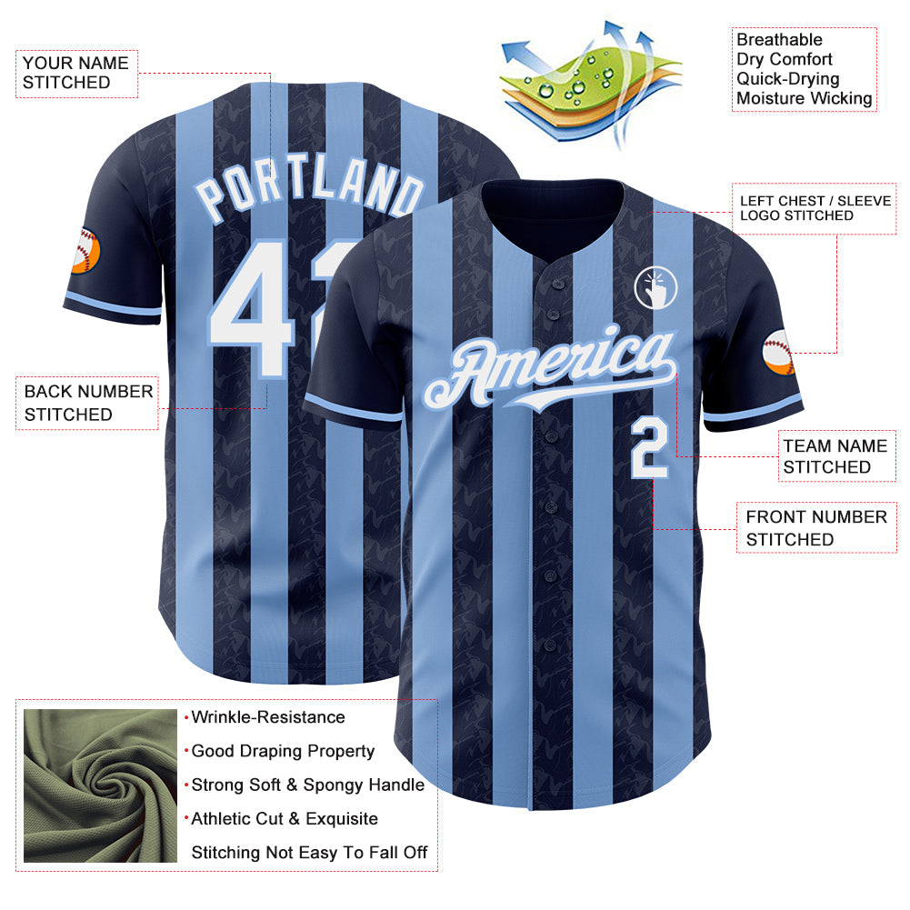 Custom Navy White-Light Blue Classic Vertical Stripe Fluid Liquid Texture Authentic Baseball Jersey baseball jersey product view 3