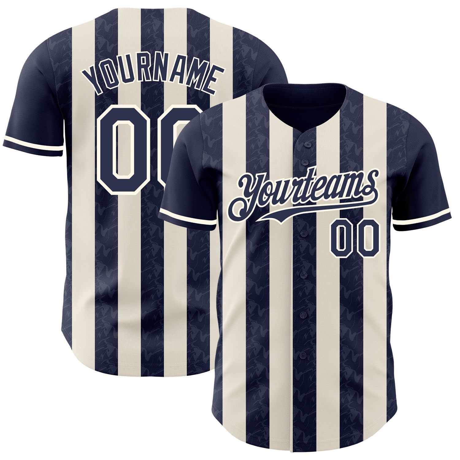 Custom Navy Cream-Cream Classic Vertical Stripe Fluid Liquid Texture Authentic Baseball Jersey baseball jersey product view 1
