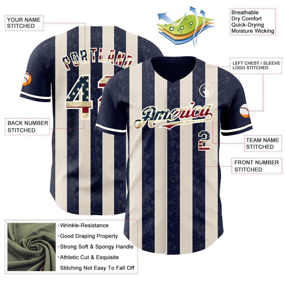 Custom Navy Vintage USA Flag Cream-Cream Classic Vertical Stripe Fluid Liquid Texture Authentic Baseball Jersey baseball jersey product view 3