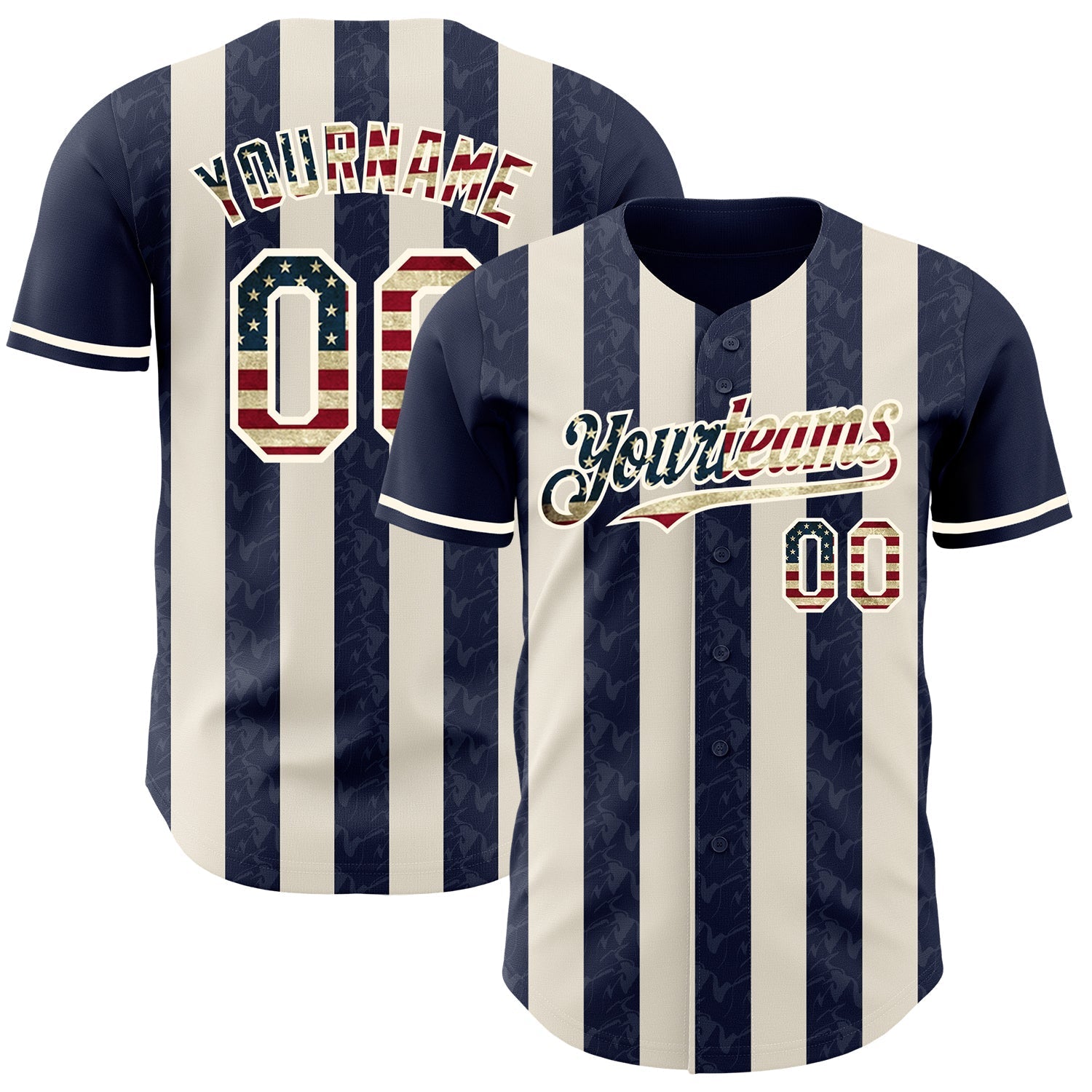 Custom Navy Vintage USA Flag Cream-Cream Classic Vertical Stripe Fluid Liquid Texture Authentic Baseball Jersey baseball jersey product view 1