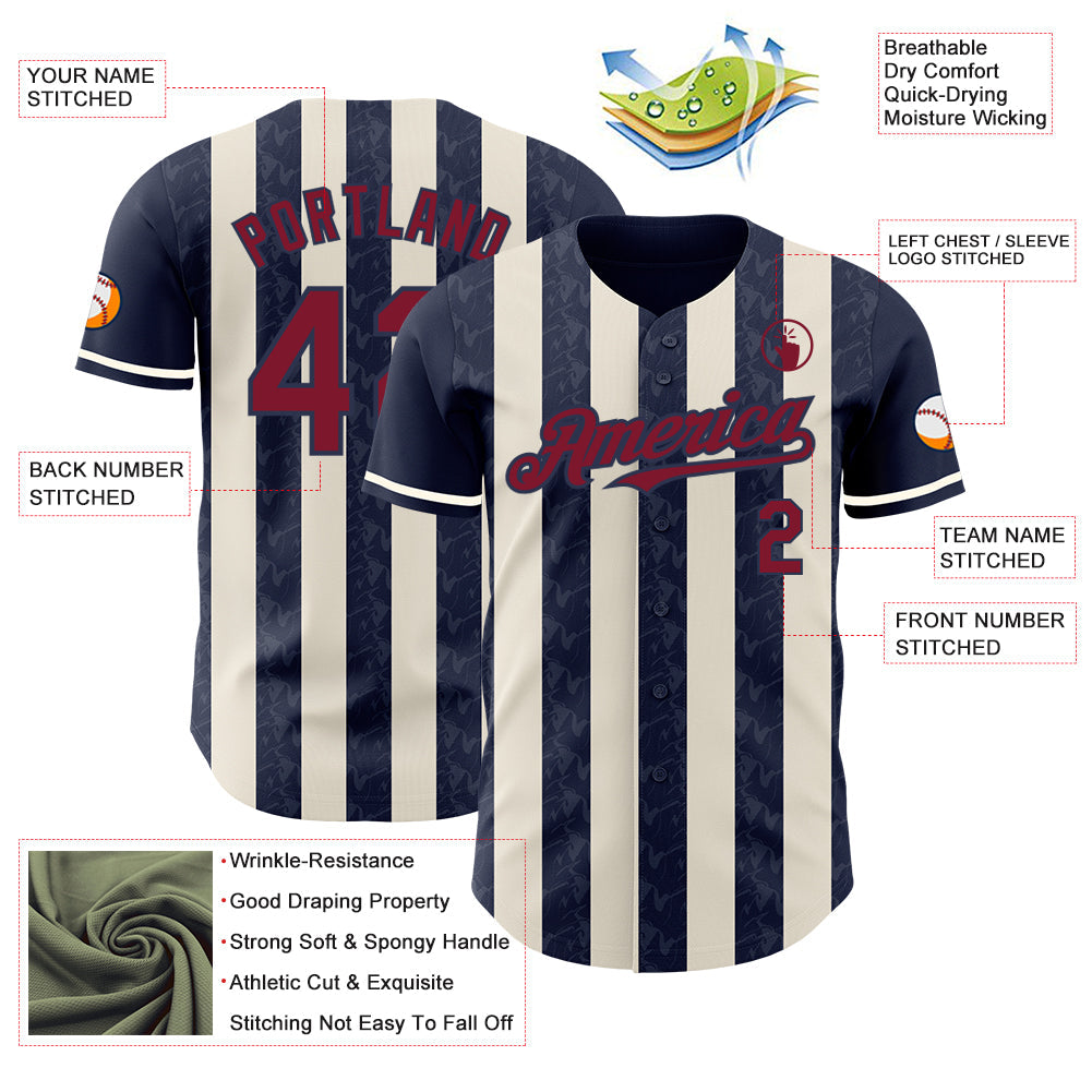 Custom Navy Crimson-Cream Classic Vertical Stripe Fluid Liquid Texture Authentic Baseball Jersey baseball jersey product view 3
