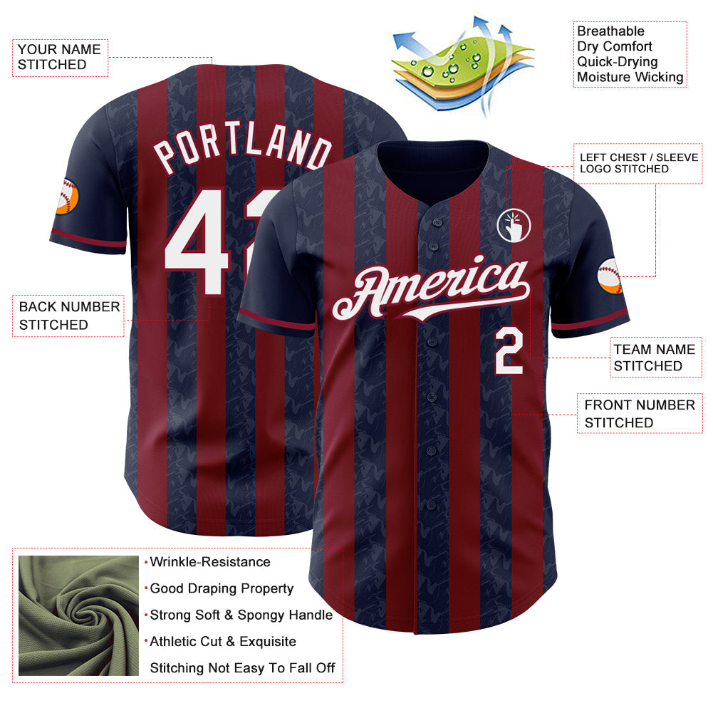 Custom Navy White-Crimson Classic Vertical Stripe Fluid Liquid Texture Authentic Baseball Jersey baseball jersey product view 3
