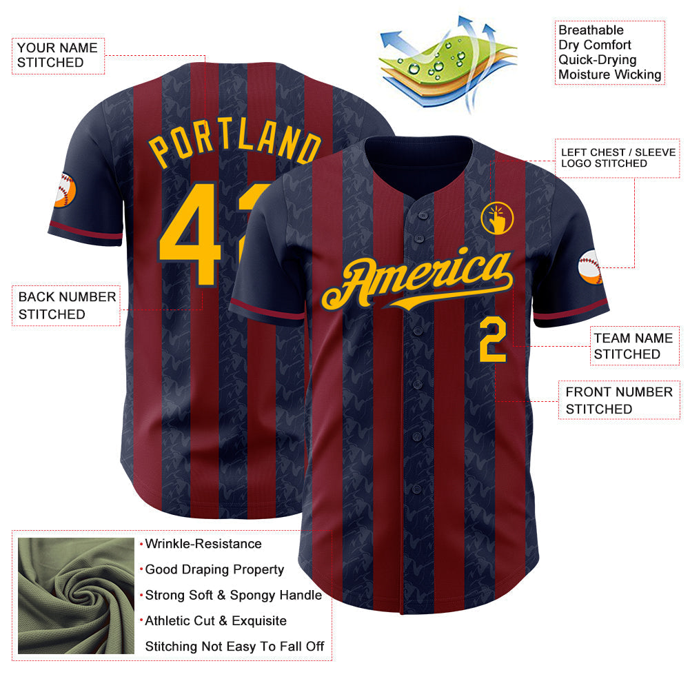 Custom Navy Gold-Crimson Classic Vertical Stripe Fluid Liquid Texture Authentic Baseball Jersey baseball jersey product view 3