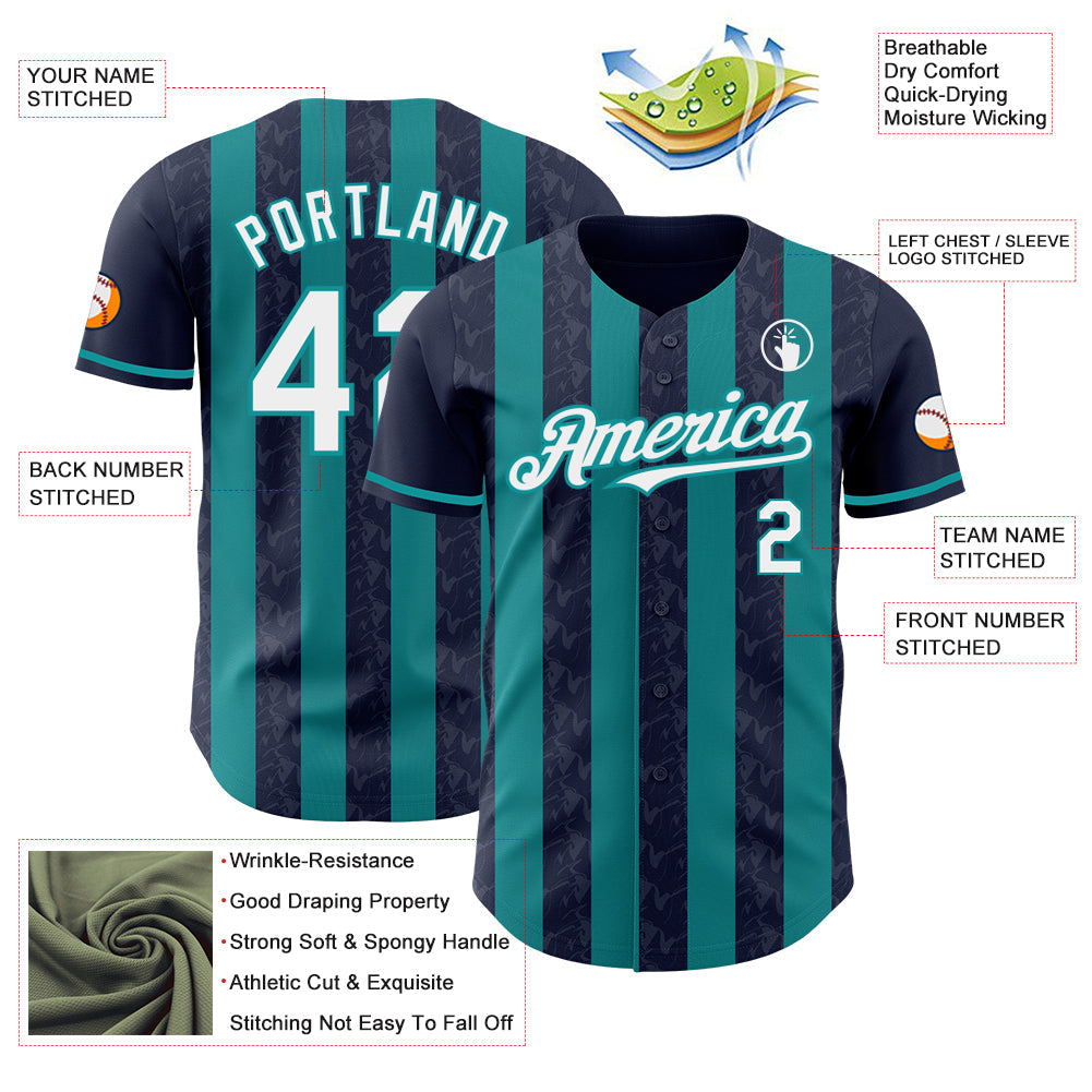 Custom Navy White-Teal Classic Vertical Stripe Fluid Liquid Texture Authentic Baseball Jersey baseball jersey product view 3