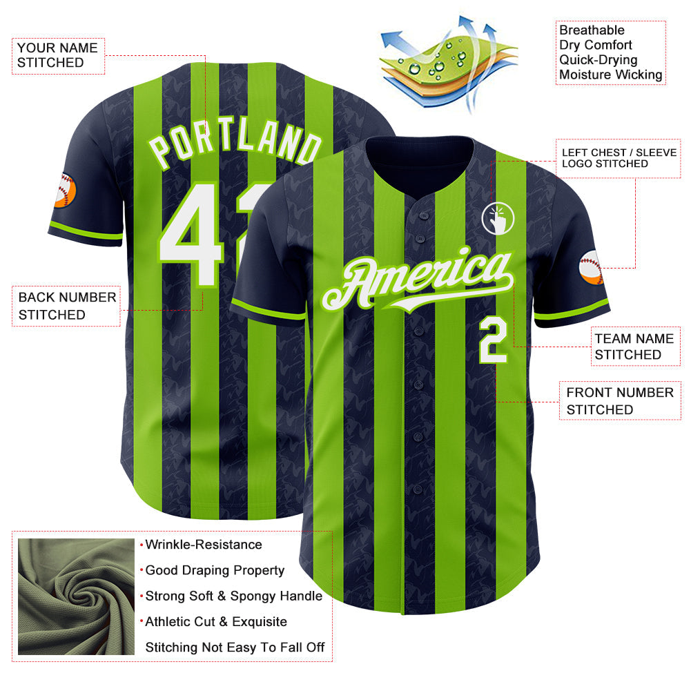 Custom Navy White-Neon Green Classic Vertical Stripe Fluid Liquid Texture Authentic Baseball Jersey baseball jersey product view 3
