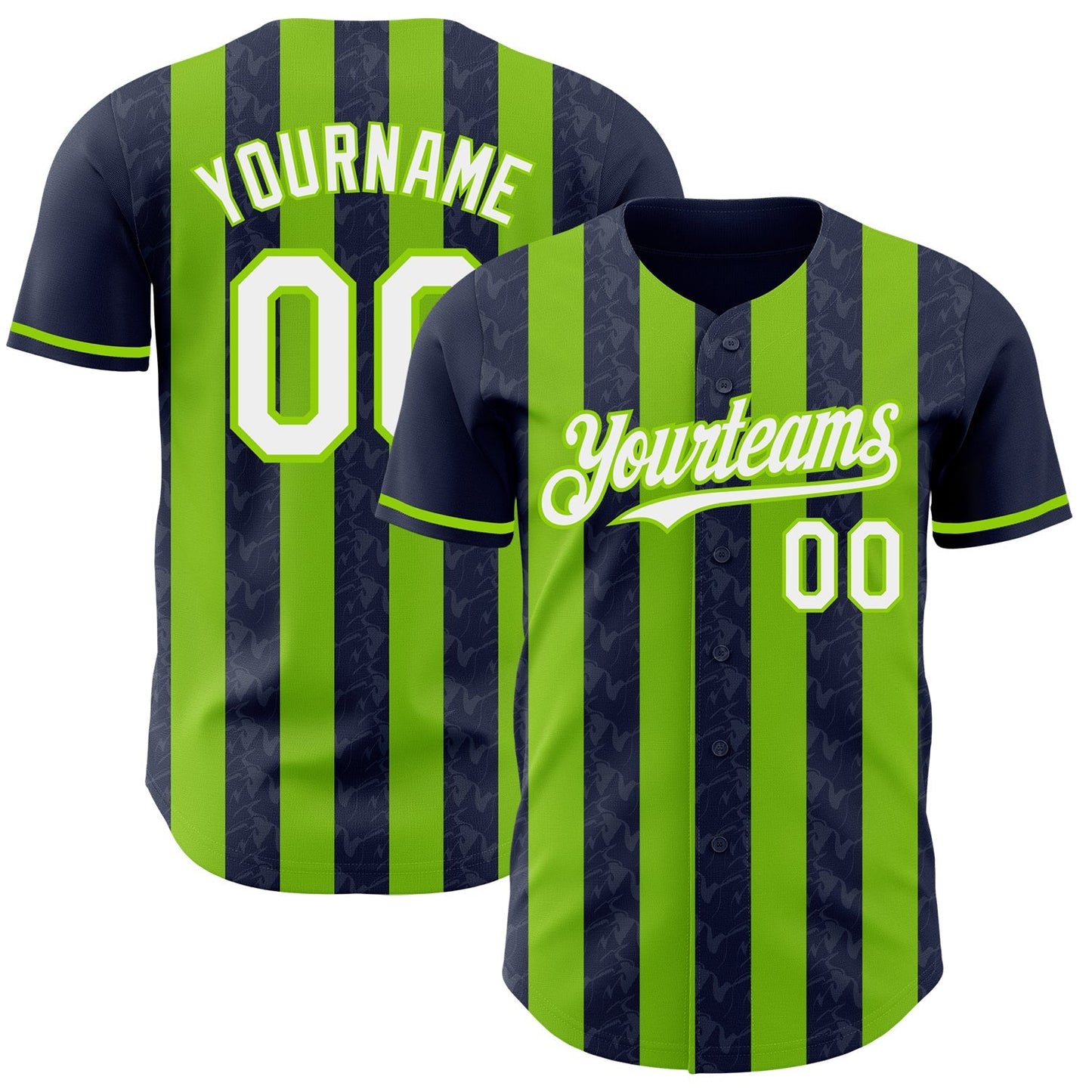 Custom Navy White-Neon Green Classic Vertical Stripe Fluid Liquid Texture Authentic Baseball Jersey baseball jersey product view 1