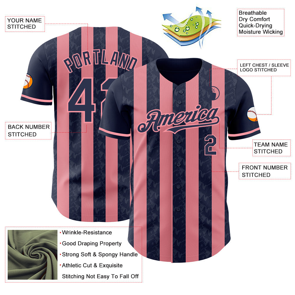 Custom Navy-Medium Pink Classic Vertical Stripe Fluid Liquid Texture Authentic Baseball Jersey baseball jersey product view 3