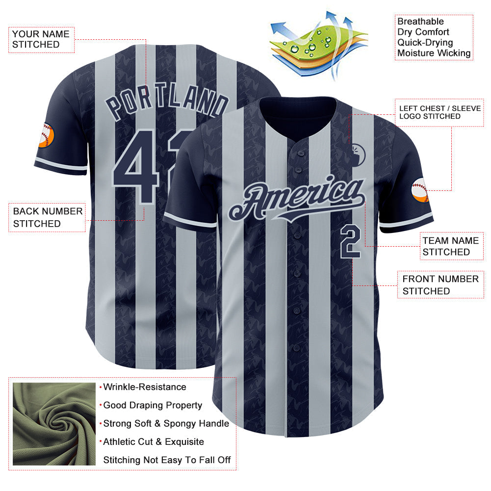 Custom Navy-Silver Classic Vertical Stripe Fluid Liquid Texture Authentic Baseball Jersey baseball jersey product view 3