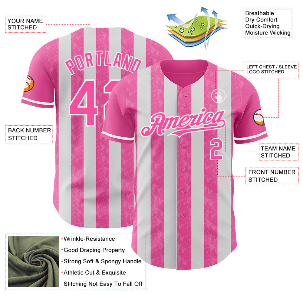 Custom Pink-White Classic Vertical Stripe Fluid Liquid Texture Authentic Baseball Jersey baseball jersey product view 3