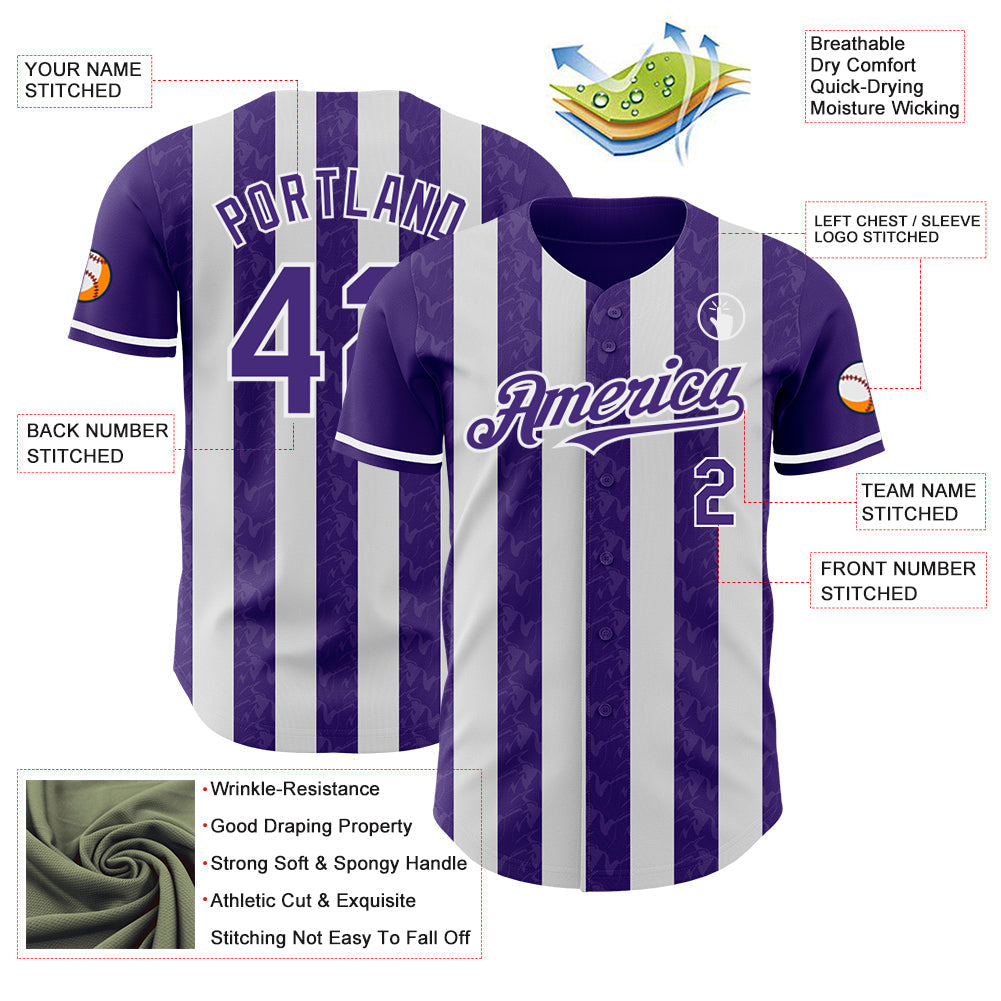 Custom Purple-White Classic Vertical Stripe Fluid Liquid Texture Authentic Baseball Jersey baseball jersey product view 3