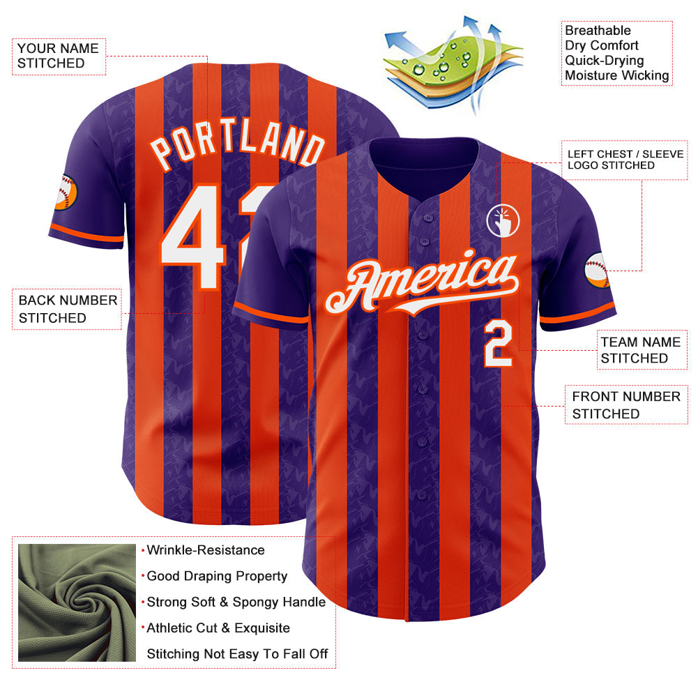 Custom Purple White-Orange Classic Vertical Stripe Fluid Liquid Texture Authentic Baseball Jersey baseball jersey product view 3