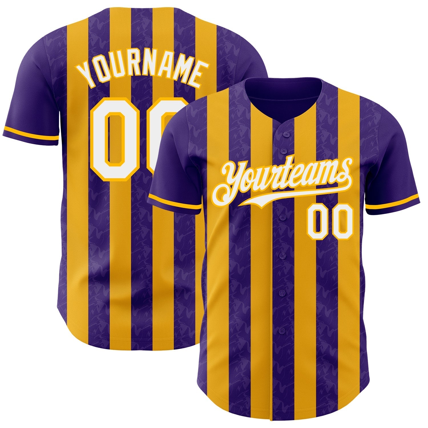 Custom Purple White-Gold Classic Vertical Stripe Fluid Liquid Texture Authentic Baseball Jersey baseball jersey product view 1