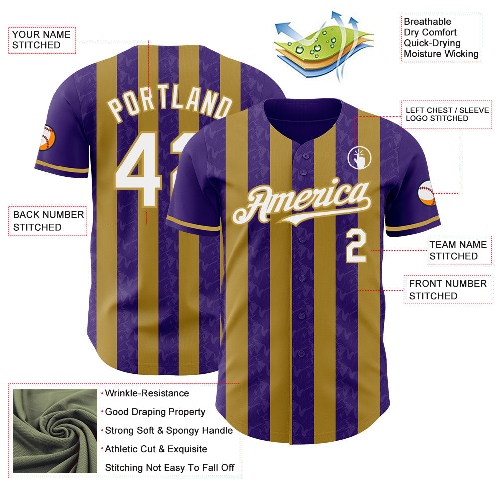 Custom Purple White-Old Gold Classic Vertical Stripe Fluid Liquid Texture Authentic Baseball Jersey baseball jersey product view 3