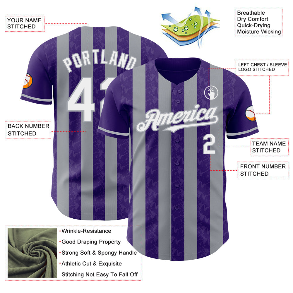 Custom Purple White-Gray Classic Vertical Stripe Fluid Liquid Texture Authentic Baseball Jersey baseball jersey product view 3