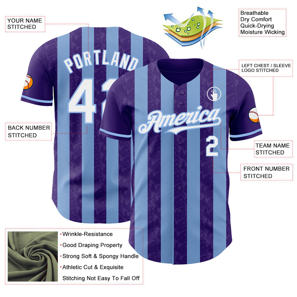 Custom Purple White-Light Blue Classic Vertical Stripe Fluid Liquid Texture Authentic Baseball Jersey baseball jersey product view 3