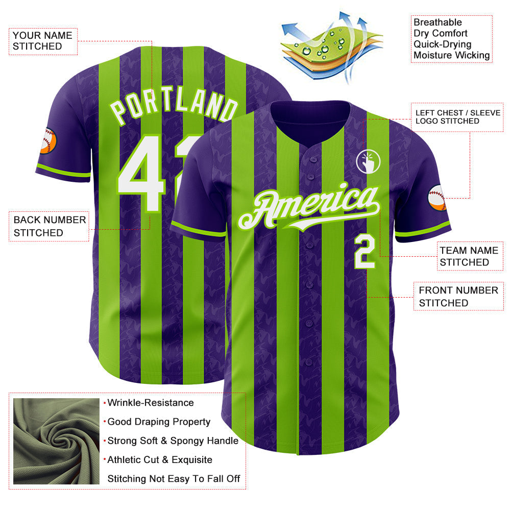 Custom Purple White-Neon Green Classic Vertical Stripe Fluid Liquid Texture Authentic Baseball Jersey baseball jersey product view 3