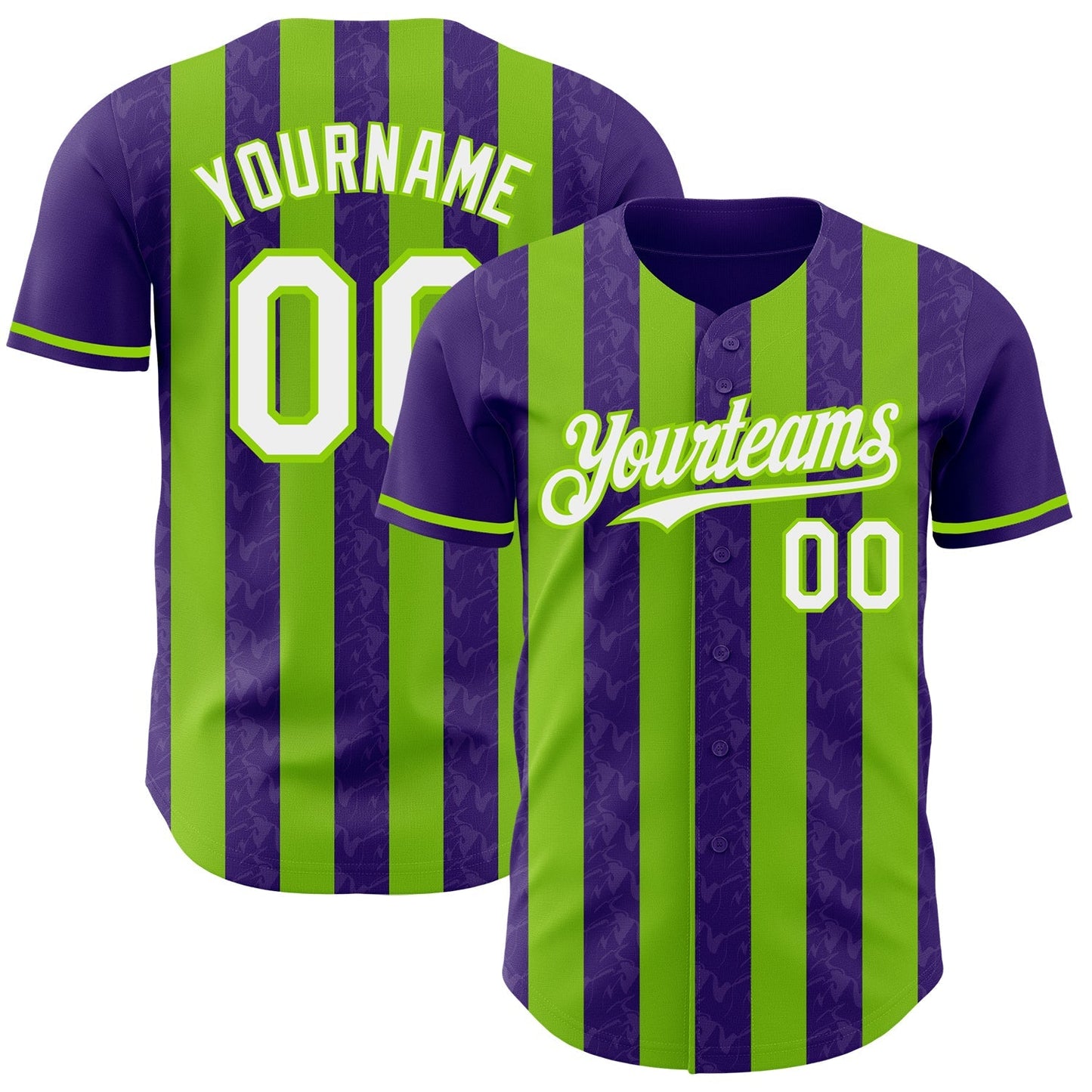 Custom Purple White-Neon Green Classic Vertical Stripe Fluid Liquid Texture Authentic Baseball Jersey baseball jersey product view 1