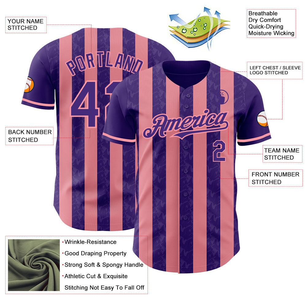 Custom Purple-Medium Pink Classic Vertical Stripe Fluid Liquid Texture Authentic Baseball Jersey baseball jersey product view 3