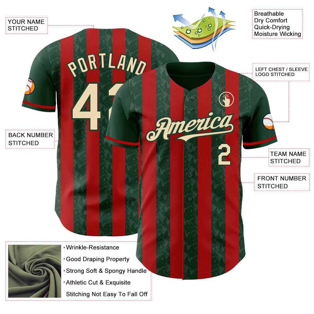 Custom Green Cream-Red Classic Vertical Stripe Fluid Liquid Texture Authentic Baseball Jersey baseball jersey product view 3