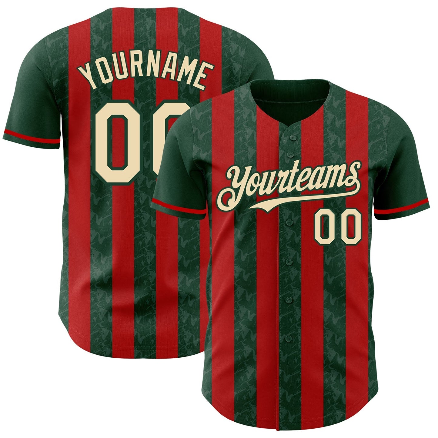 Custom Green Cream-Red Classic Vertical Stripe Fluid Liquid Texture Authentic Baseball Jersey baseball jersey product view 1