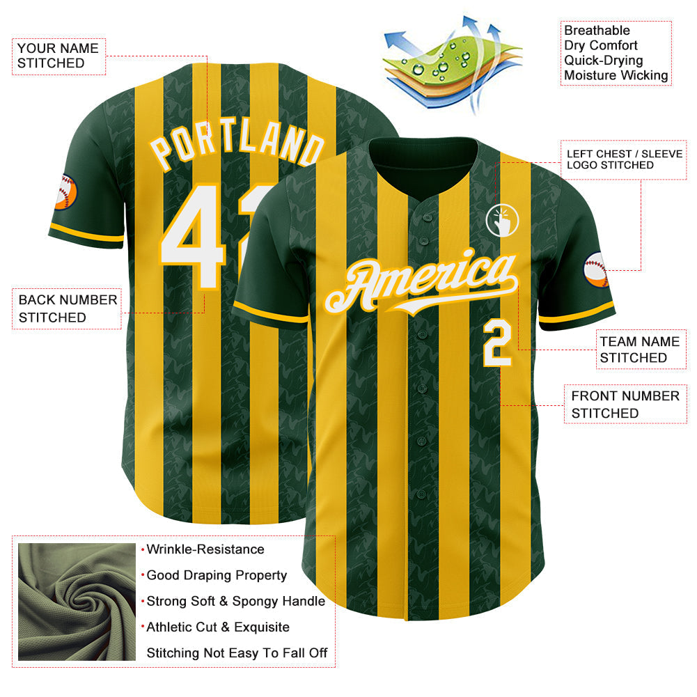 Custom Green White-Gold Classic Vertical Stripe Fluid Liquid Texture Authentic Baseball Jersey baseball jersey product view 3