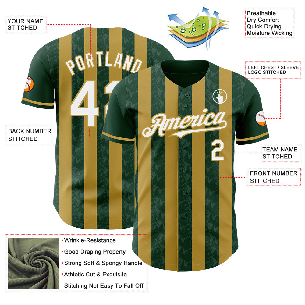 Custom Green White-Old Gold Classic Vertical Stripe Fluid Liquid Texture Authentic Baseball Jersey baseball jersey product view 3