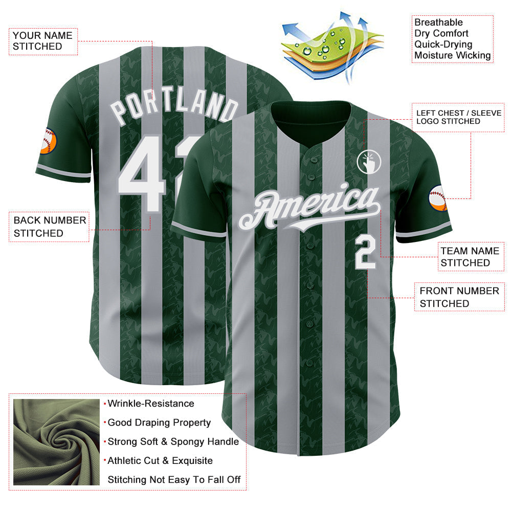 Custom Green White-Gray Classic Vertical Stripe Fluid Liquid Texture Authentic Baseball Jersey baseball jersey product view 3