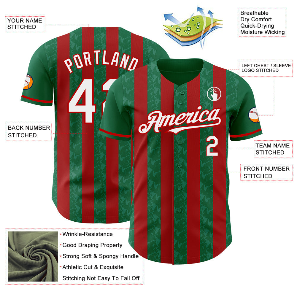Custom Kelly Green White-Red Classic Vertical Stripe Fluid Liquid Texture Authentic Baseball Jersey baseball jersey product view 3