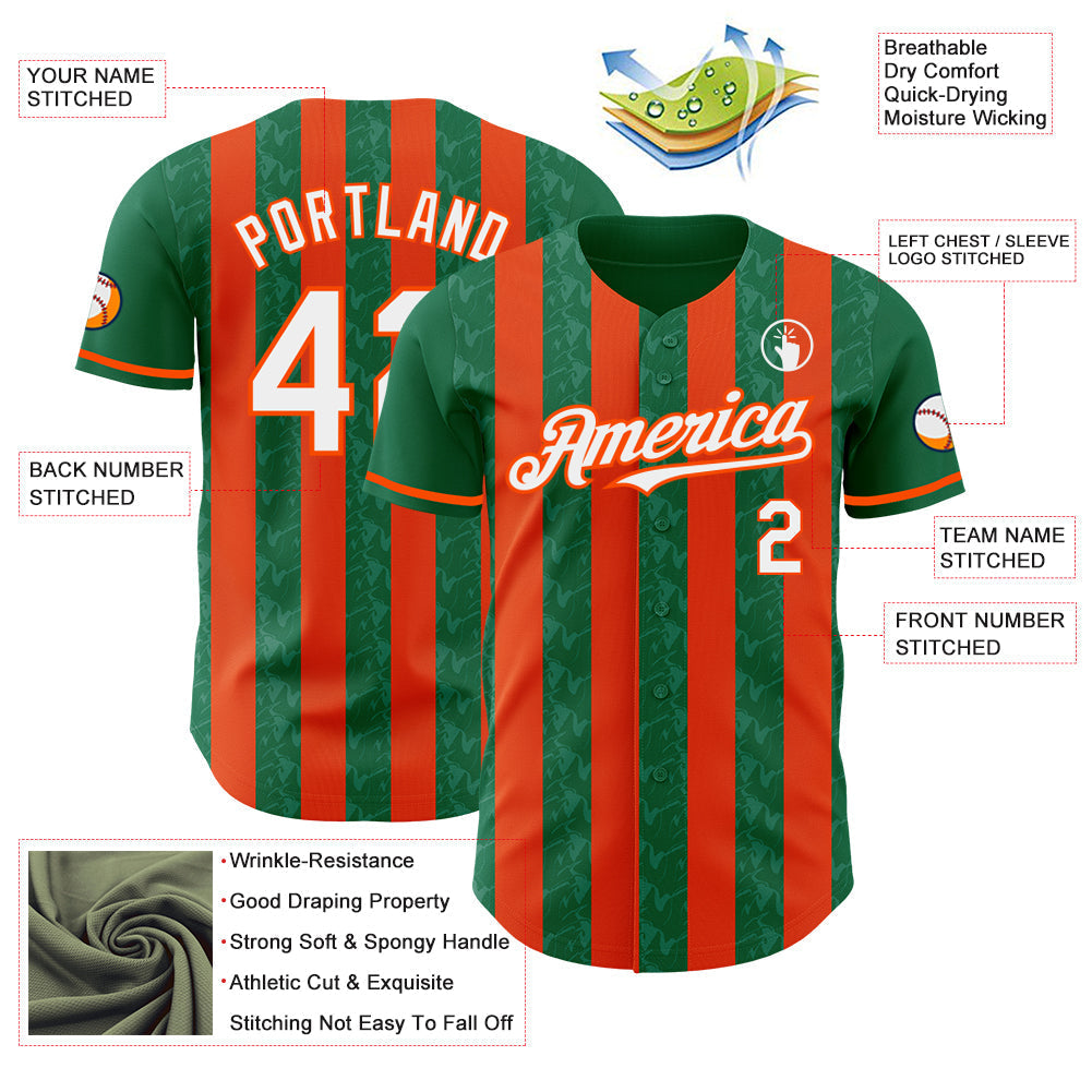 Custom Kelly Green White-Orange Classic Vertical Stripe Fluid Liquid Texture Authentic Baseball Jersey baseball jersey product view 3